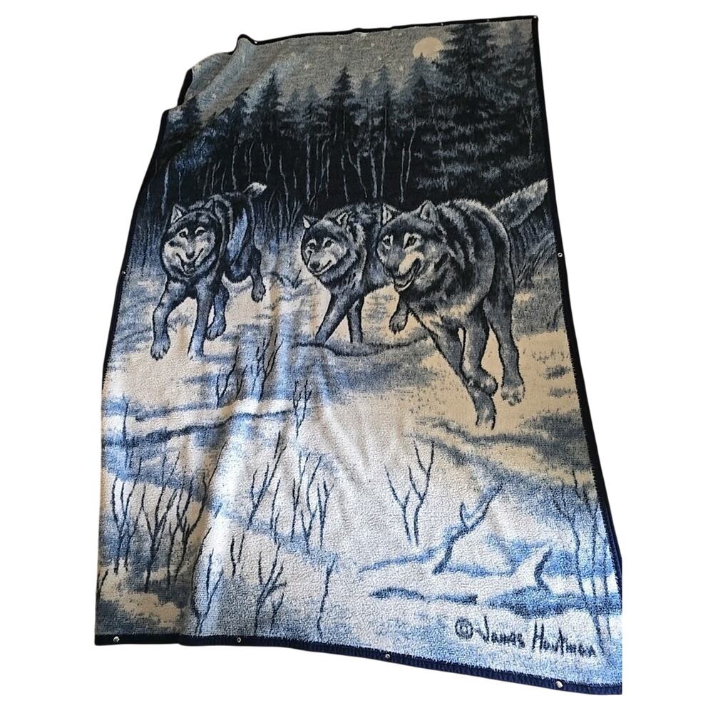 Vtg Biederlack James Hartman Wolves USA Zippered Sleeping Bag Throw 78"x52"